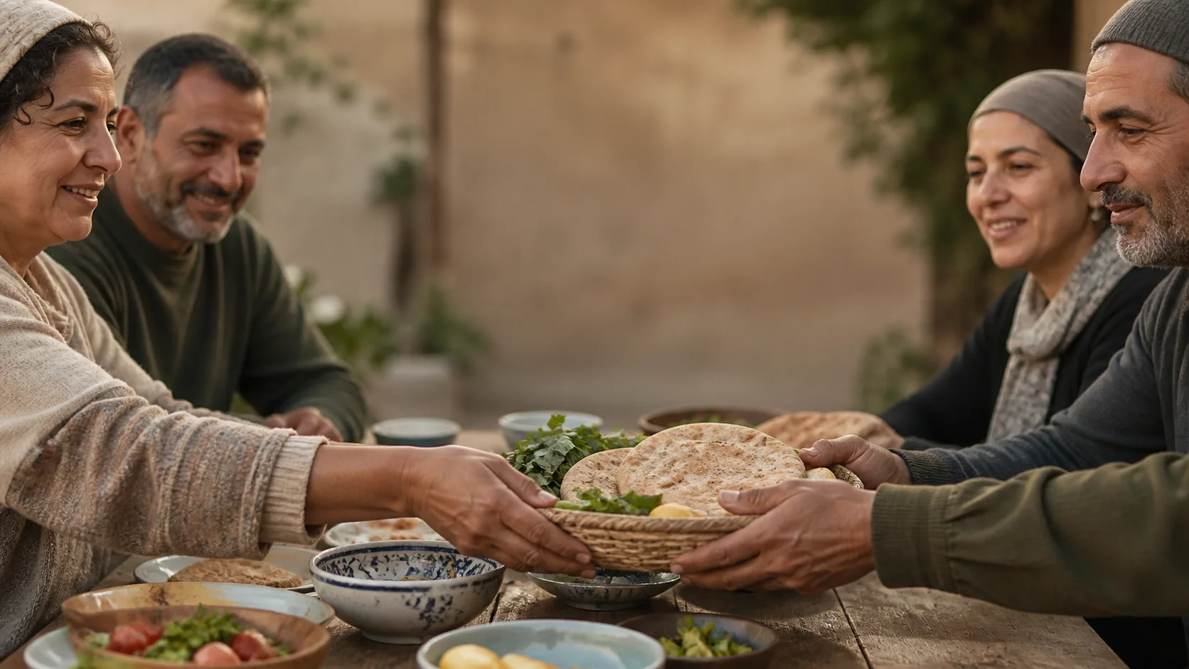 People sharing a meal and passing food around a table