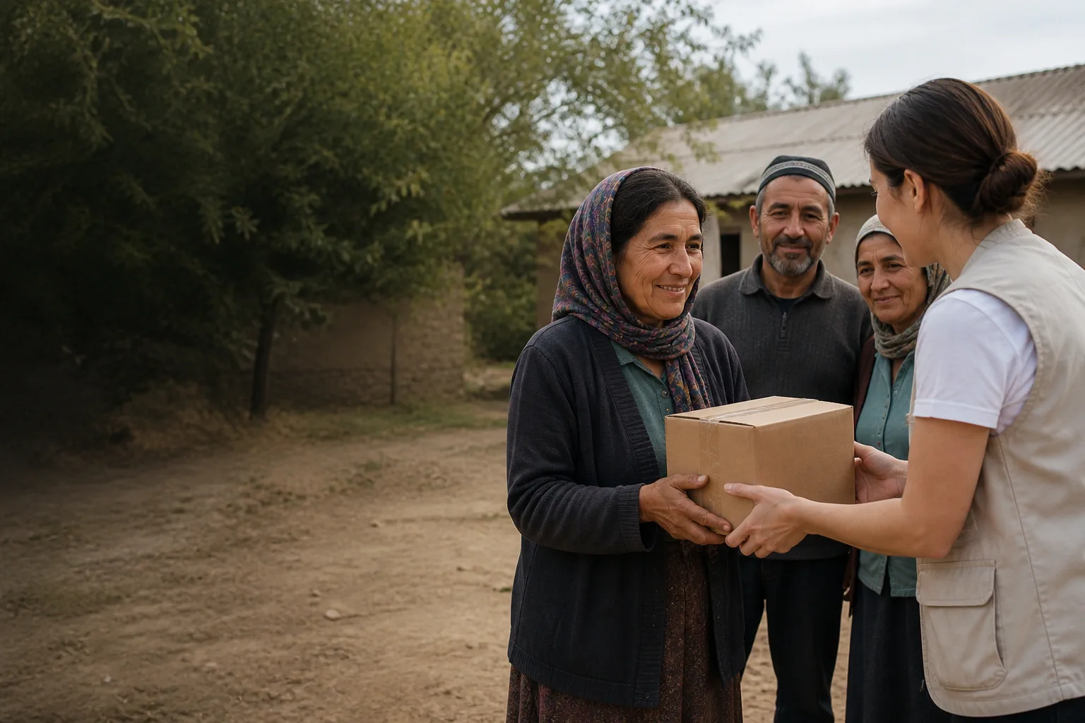 A humanitarian volunteer sharing a food parcel with community members