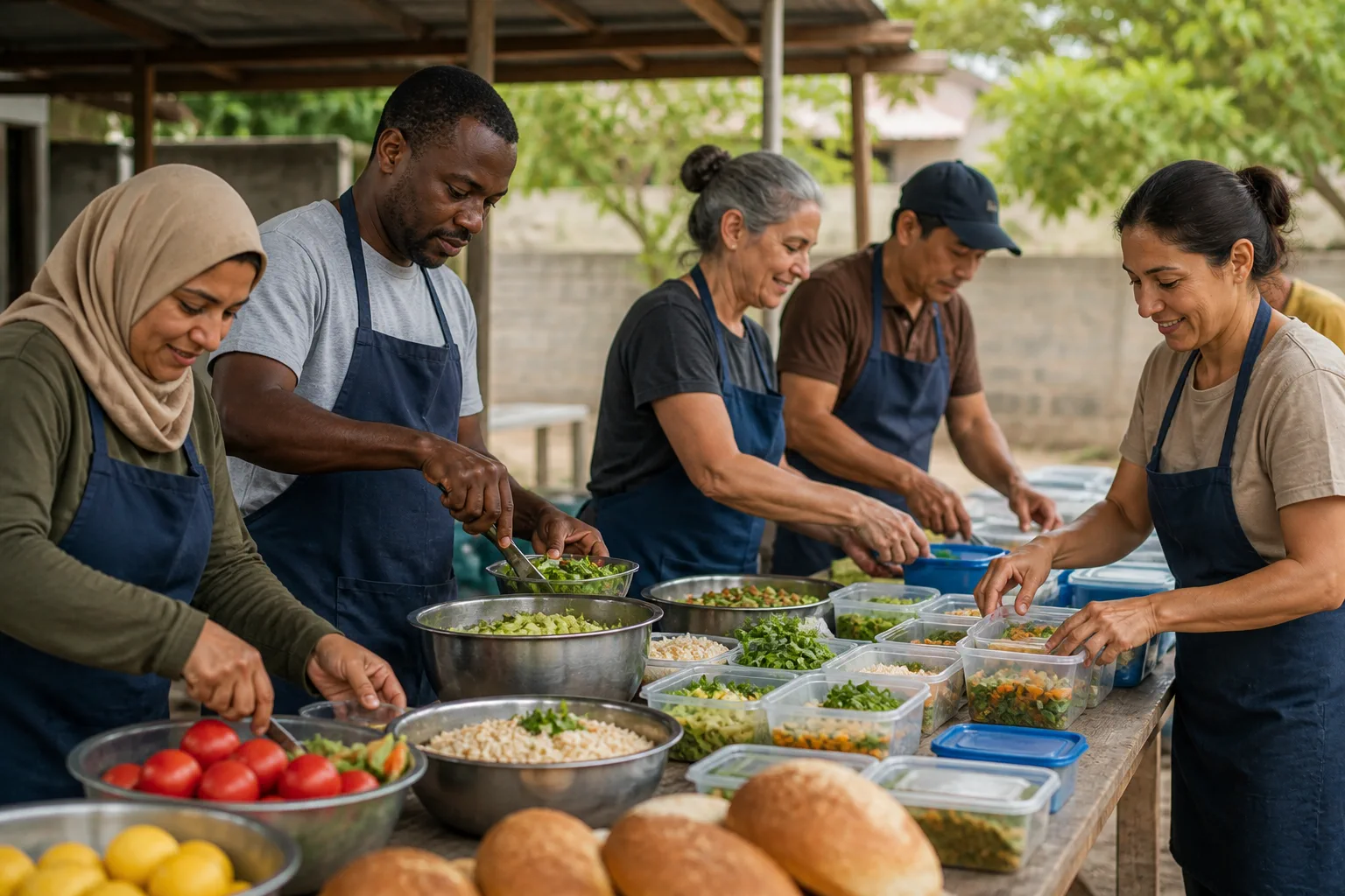 Adults preparing and sharing food at a community table
